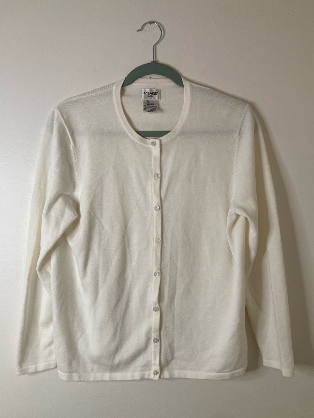 Liz Baker Petite Large Ivory Cotton Blend Knit Button-Down Cardigan Sweater PL